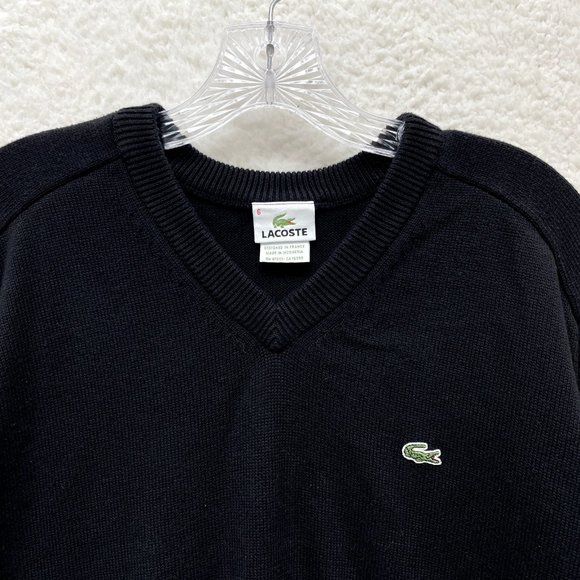 Lacoste Black Knit Alligator Logo Embroidered V-Neck Pullover Sweater Mens L XL - Picture 3 of 9